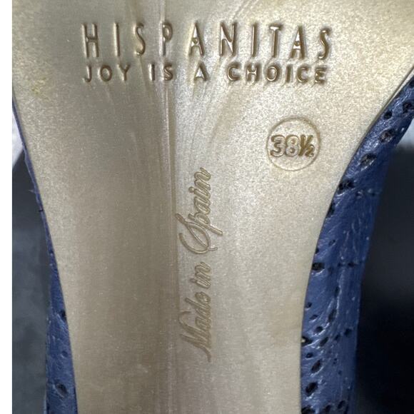 Hispanitas Sling Back Leather Pumps Wood Stacked Heel Navy Blue Size 38.5 - Picture 7 of 9